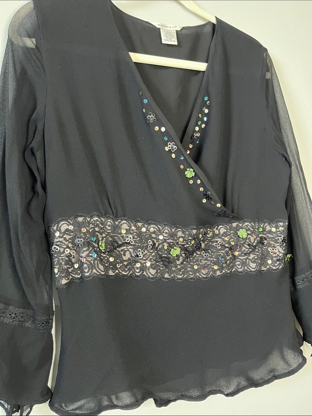 Malcolm & Co VTG Y2K black fairy grunge babydoll silk top lace beaded embroidery
